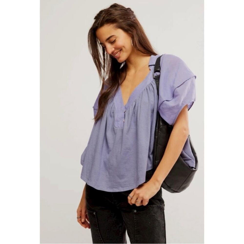 Free People Bohemian Billowy Oversized Sunray Babydoll Top Blue Granite Large - Picture 5 of 14